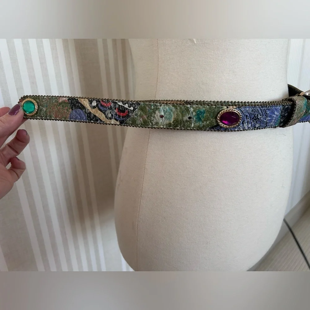Elite Fresno California Belt Vintage Multicolor Gemstone Gold Beaded Edge Large